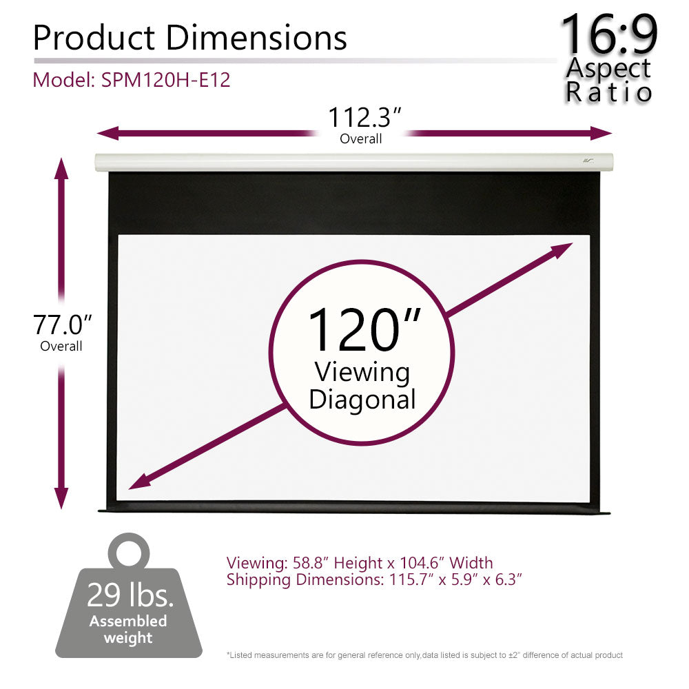 Product dimensions chart for a 120-inch viewing diagonal screen with aspect ratio and weight information.