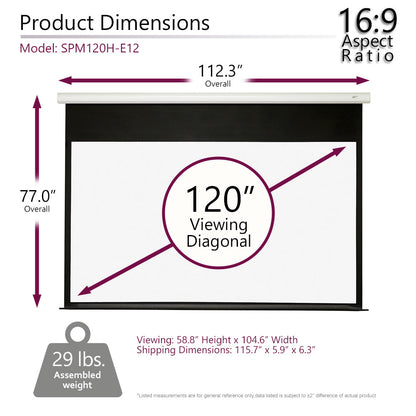 Product dimensions chart for a 120-inch viewing diagonal screen with aspect ratio and weight information.