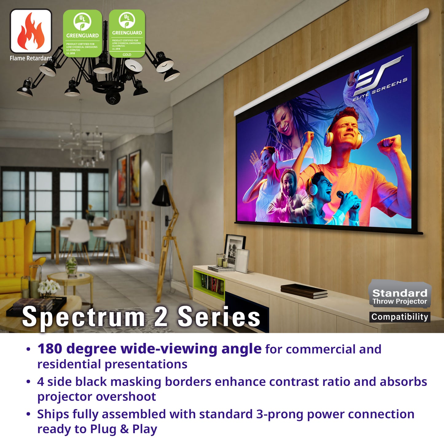 Living room with a projector screen displaying a colorful image, surrounded by decorative elements.