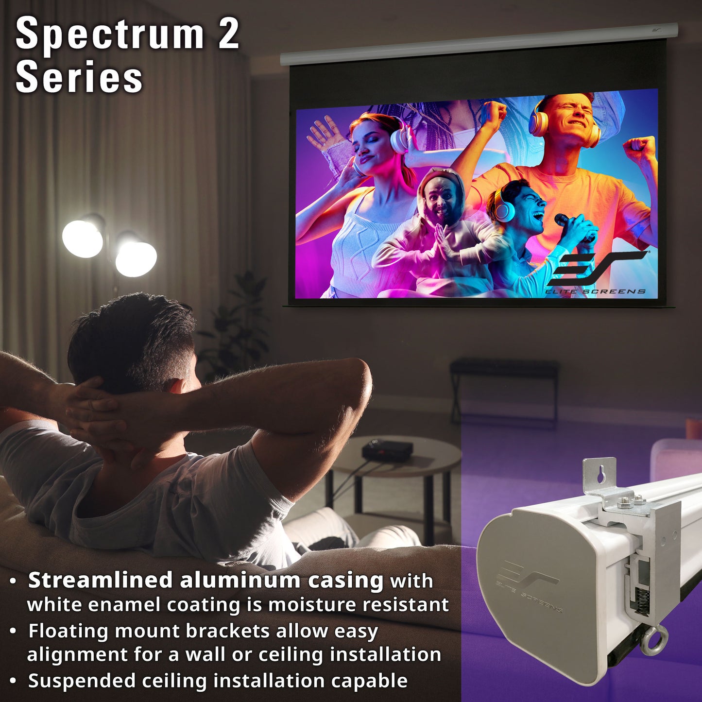 Man watching a colorful movie on a projector screen in a living room with a close-up of the projector.