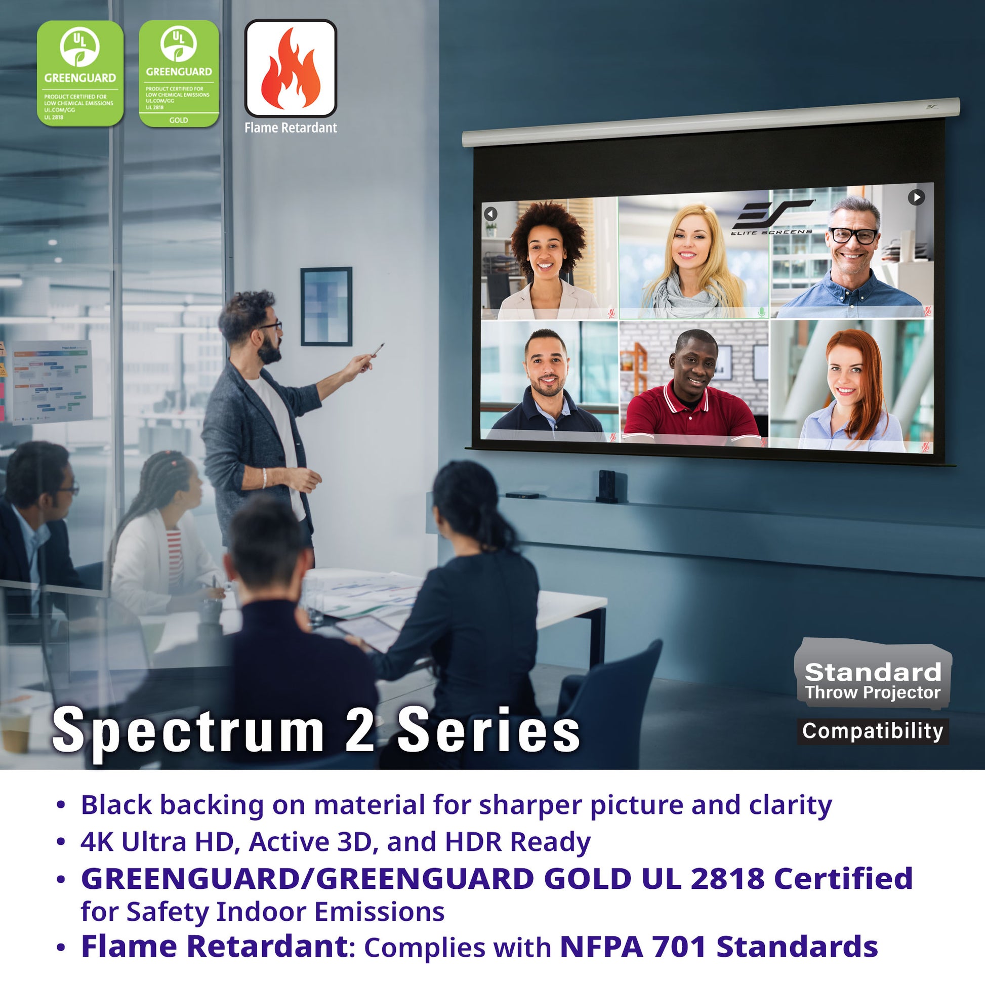 Spectrum 2 Series projector screen with a video conference on a screen, showing people in an office setting.