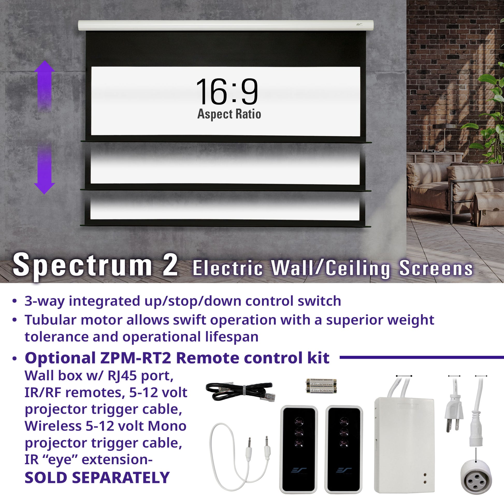 Electric wall/ceiling screen with control switch and remote kit on a gray background