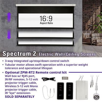 Electric wall/ceiling screen with control switch and remote kit on a gray background