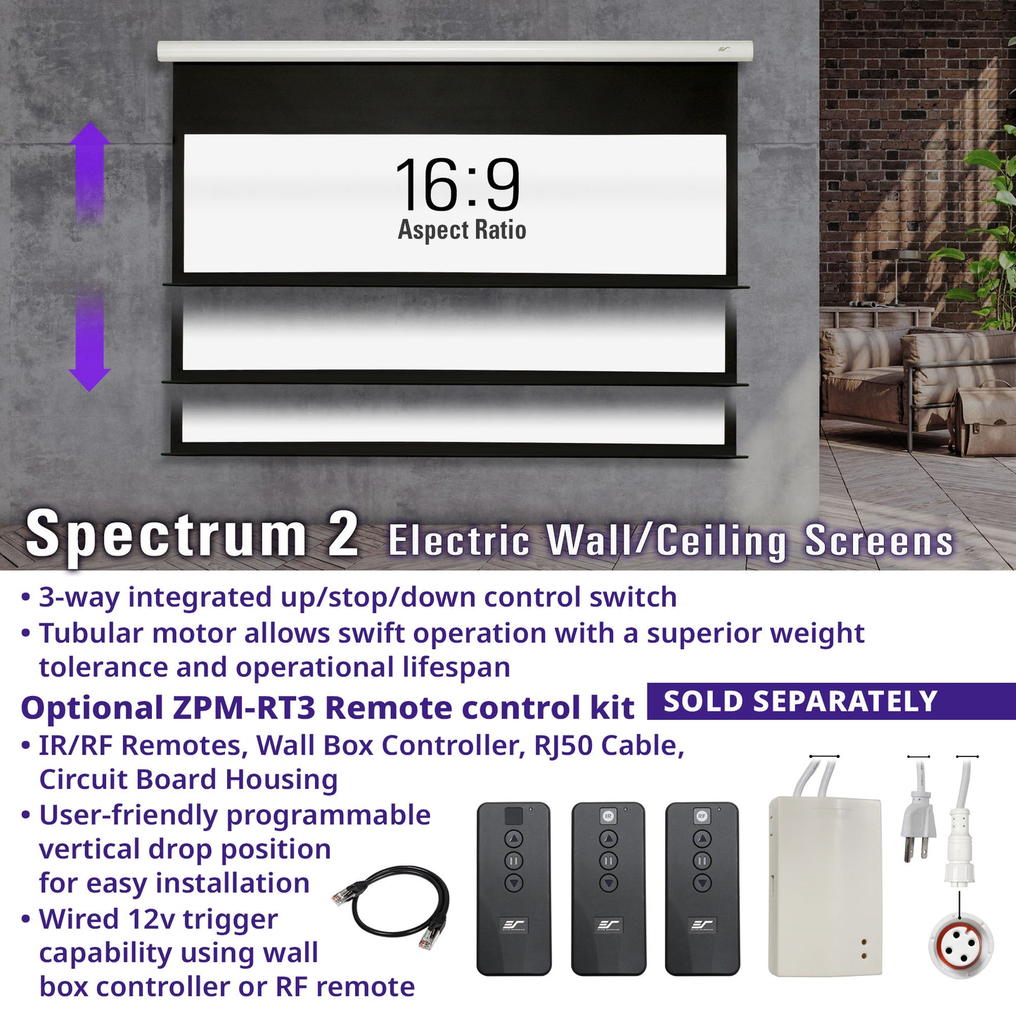 Electric wall/ceiling screen with control details on a gray background