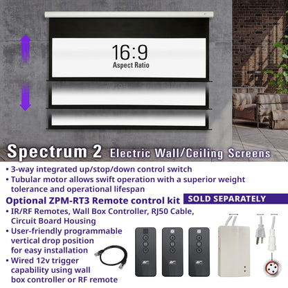 Electric wall/ceiling screen with control details on a gray background