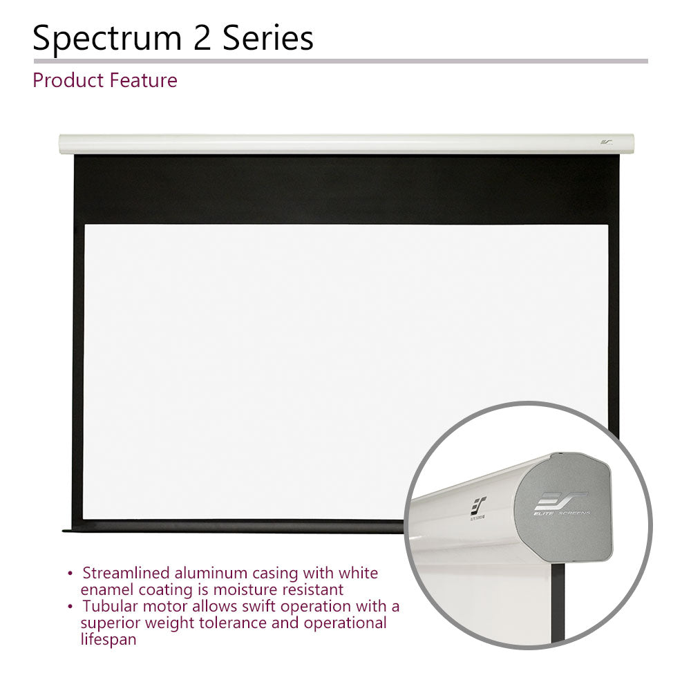 Spectrum 2 Series product feature with a projector screen and motor close-up on a white background.