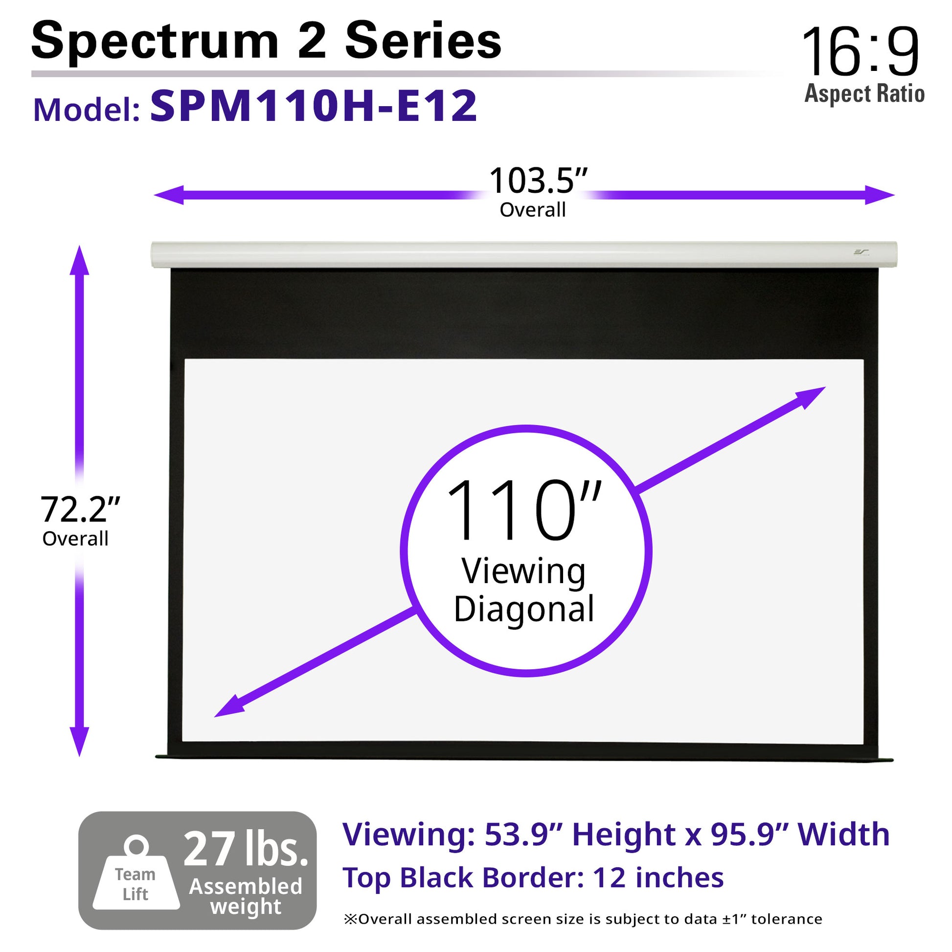 Spectrum 2 Series projector screen with dimensions and specifications.