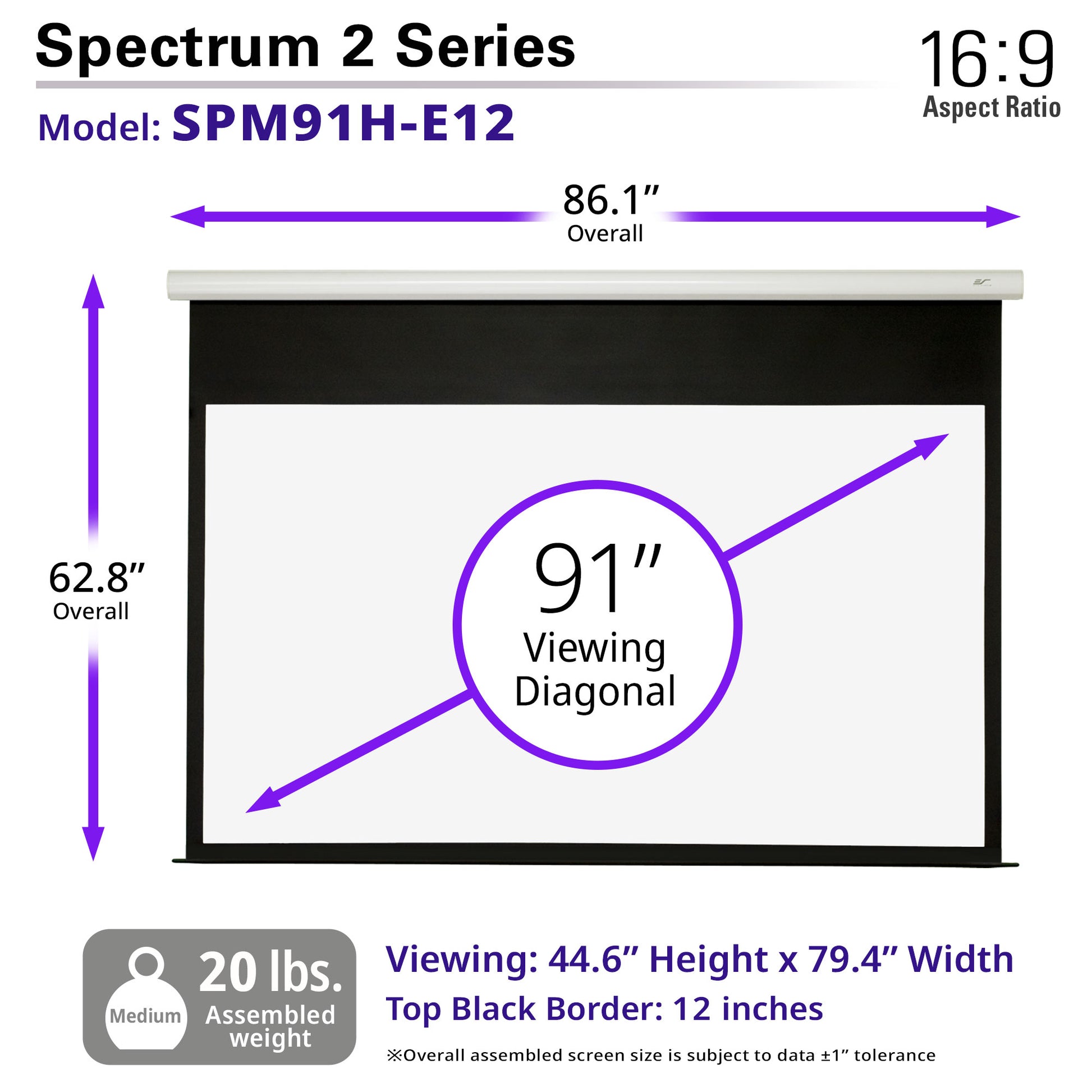 Spectrum 2 Series projector screen with dimensions and specifications.