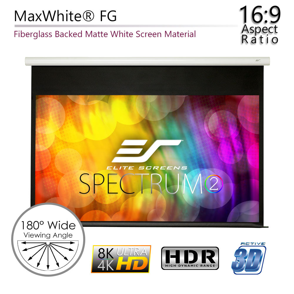 Elite Screens Spectrum 2 projector screen with colorful bokeh background and product features.