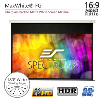 Elite Screens Spectrum 2 projector screen with colorful bokeh background and product features.