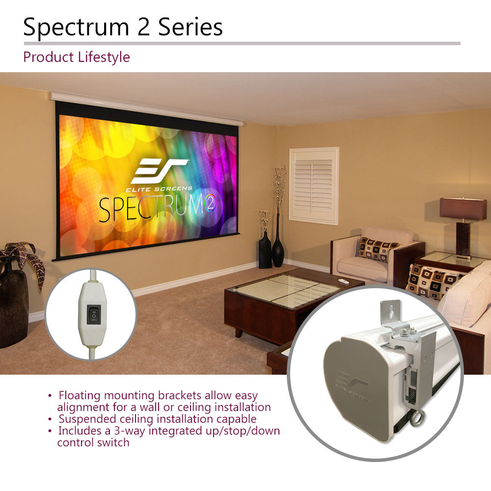 Living room with a large screen displaying Elite Screens Spectrum 2 Series, featuring mounting brackets and control switch.