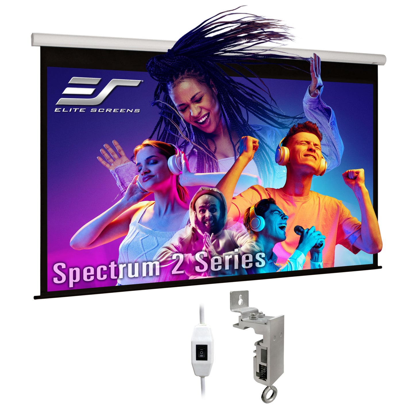 Elite Screens Spectrum 2 Series projector screen with control cable and bracket on a white background