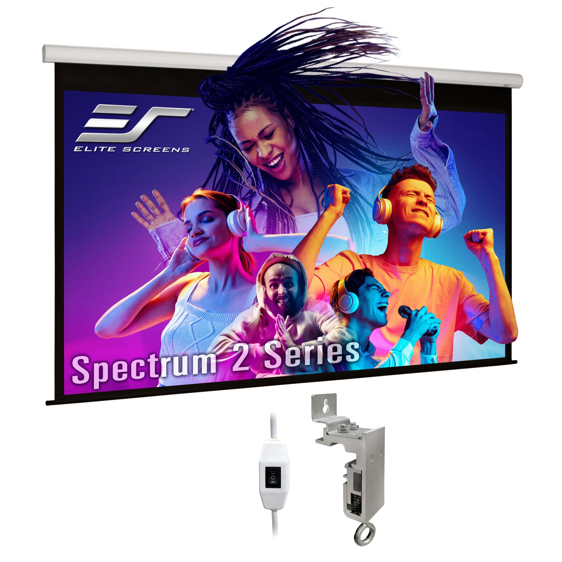 Elite Screens Spectrum 2 Series projector screen with control cable and bracket on a white background