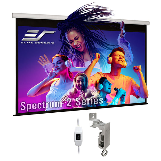 Elite Screens Spectrum 2 Series projector screen with control cable and bracket on a white background