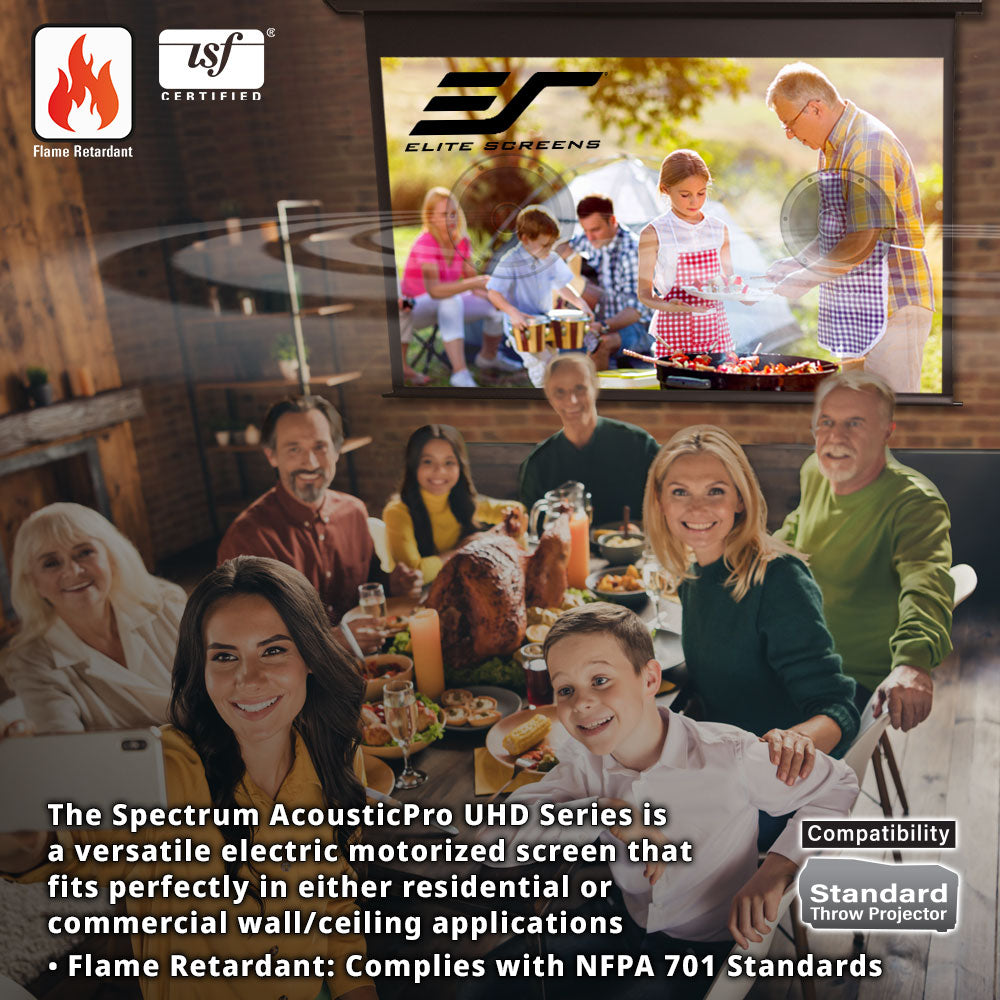 Family gathered around a dining table with a large screen displaying Elite Screens branding.
