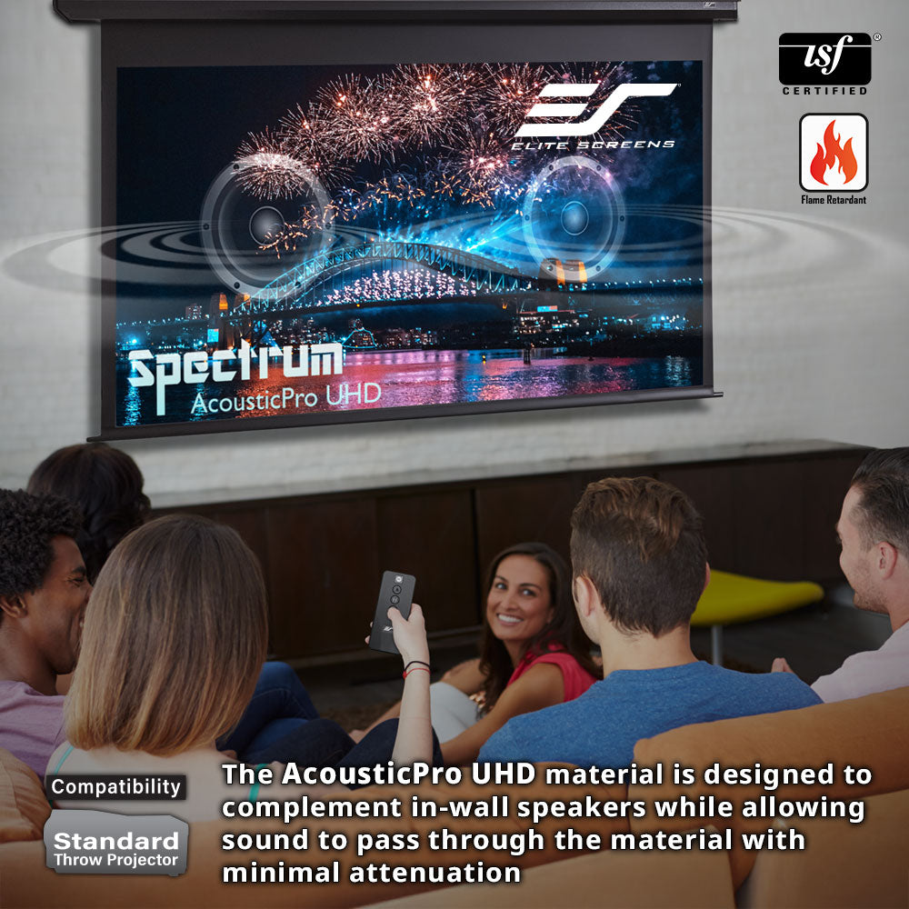 People watching a movie on a home theater screen with Elite Screens branding.