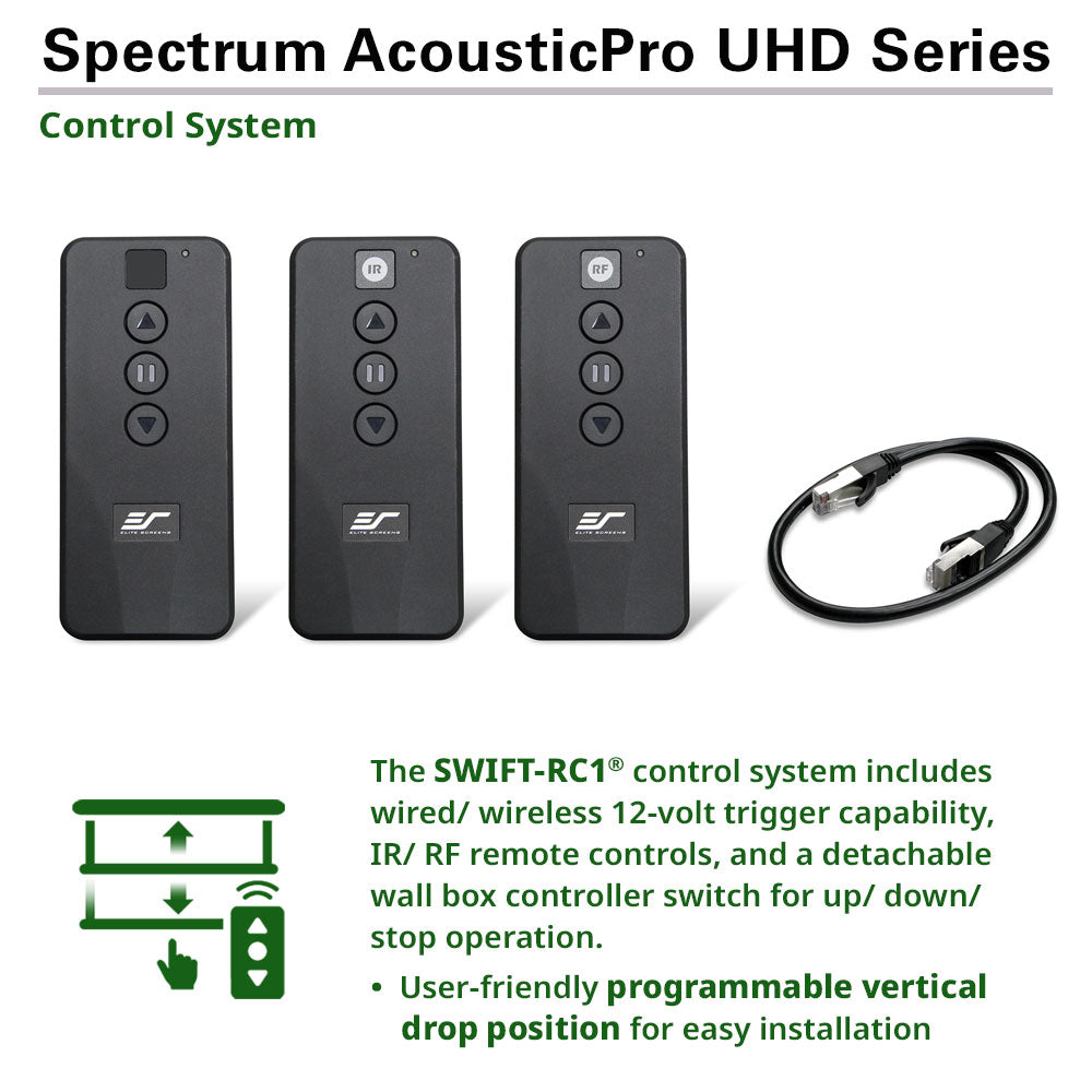 Spectrum AcousticPro UHD Series control system with remote controls and cable on a white background