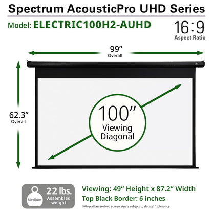 Spectrum AcousticPro UHD Series projector screen with dimensions and specifications.