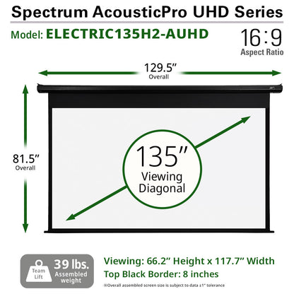 Spectrum AcousticPro UHD Series electric projector screen with dimensions and specifications.