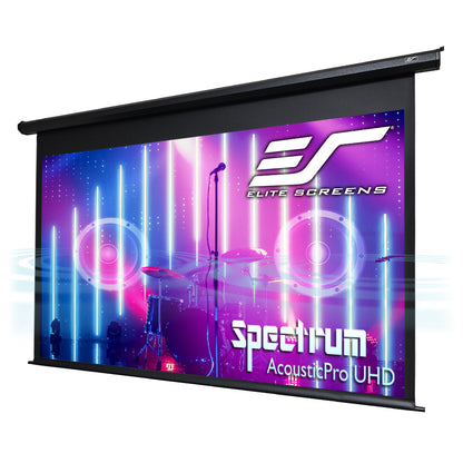 Elite Screens Spectrum AcousticPro UHD projector screen with colorful design on a white background