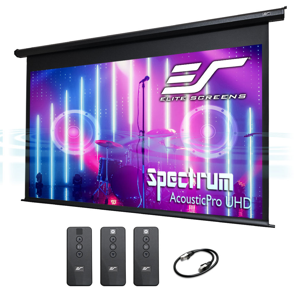 Elite Screens Spectrum AcousticPro UHD projector screen with remote controls and cable on a white background