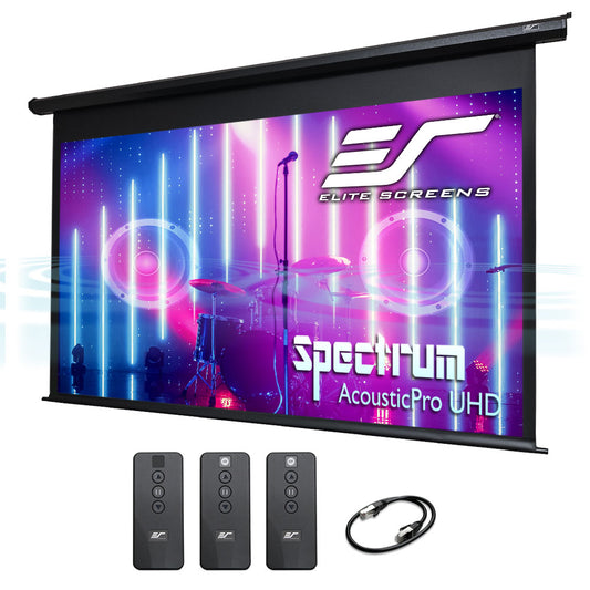 Elite Screens Spectrum AcousticPro UHD projector screen with remote controls and cable on a white background
