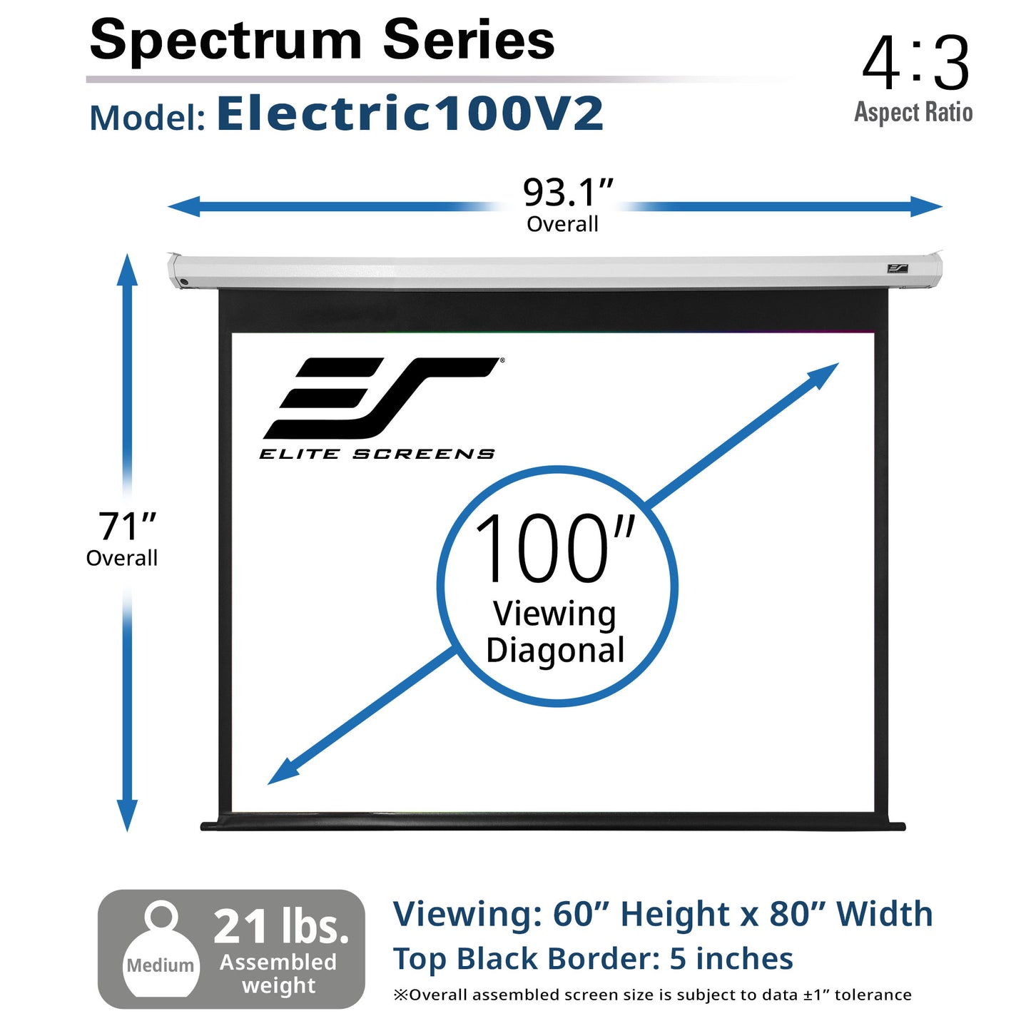 Elite Screens Electric100V2 projector screen with dimensions and specifications on a white background