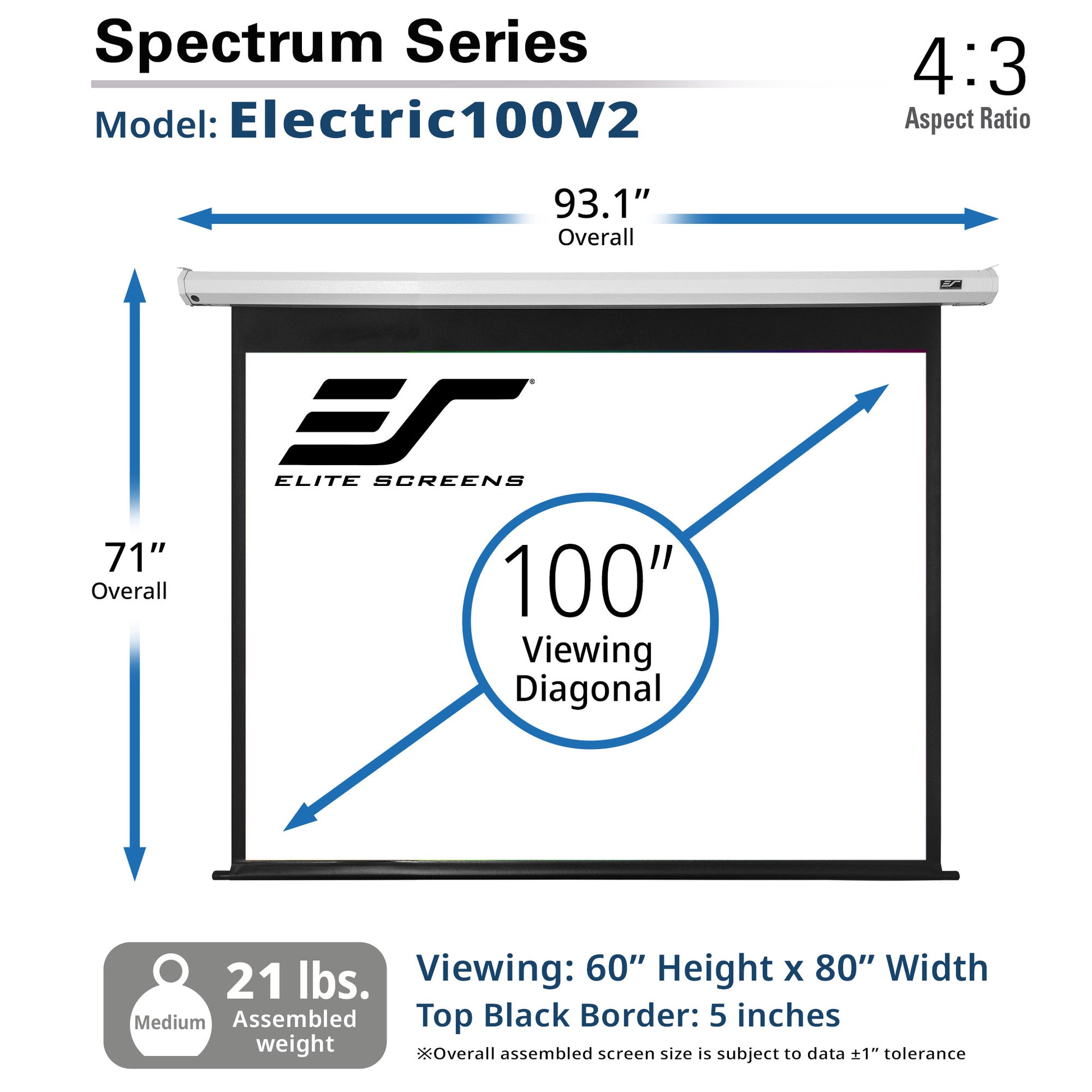 Elite Screens Electric100V2 projector screen with dimensions and specifications on a white background