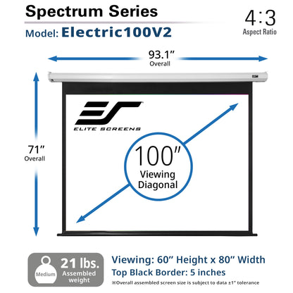 Elite Screens Electric100V2 projector screen with dimensions and specifications on a white background