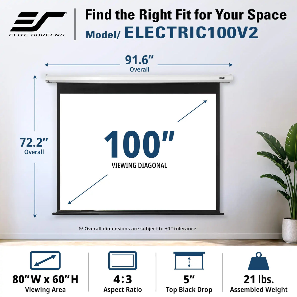 Elite Screens Electric100V2 projector screen shown in a home setting with dimension callouts indicating 91.6" overall width and 72.