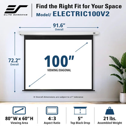 Elite Screens Electric100V2 projector screen shown in a home setting with dimension callouts indicating 91.6" overall width and 72.