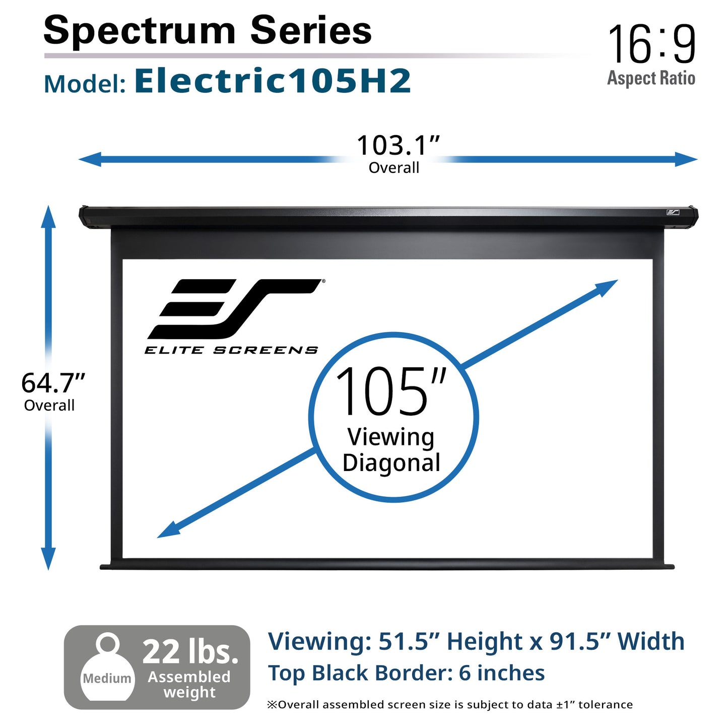Elite Screens Spectrum Series Electric105H2 projector screen with dimensions and specifications.
