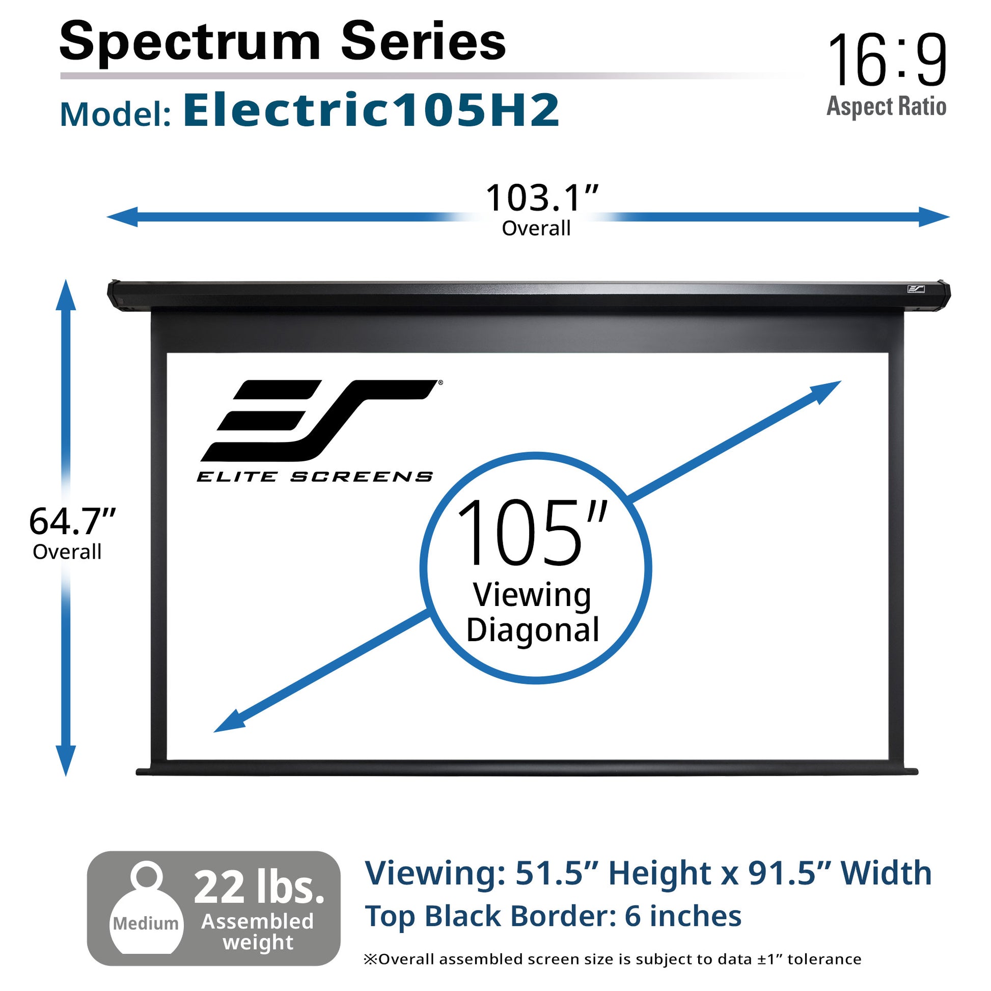 Elite Screens Spectrum Series Electric105H2 projector screen with dimensions and specifications.