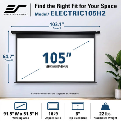 Elite Screens Electric 105H2 wall-mounted projection screen shown with dimension callouts indicating 103.1 inches overall width, 64.