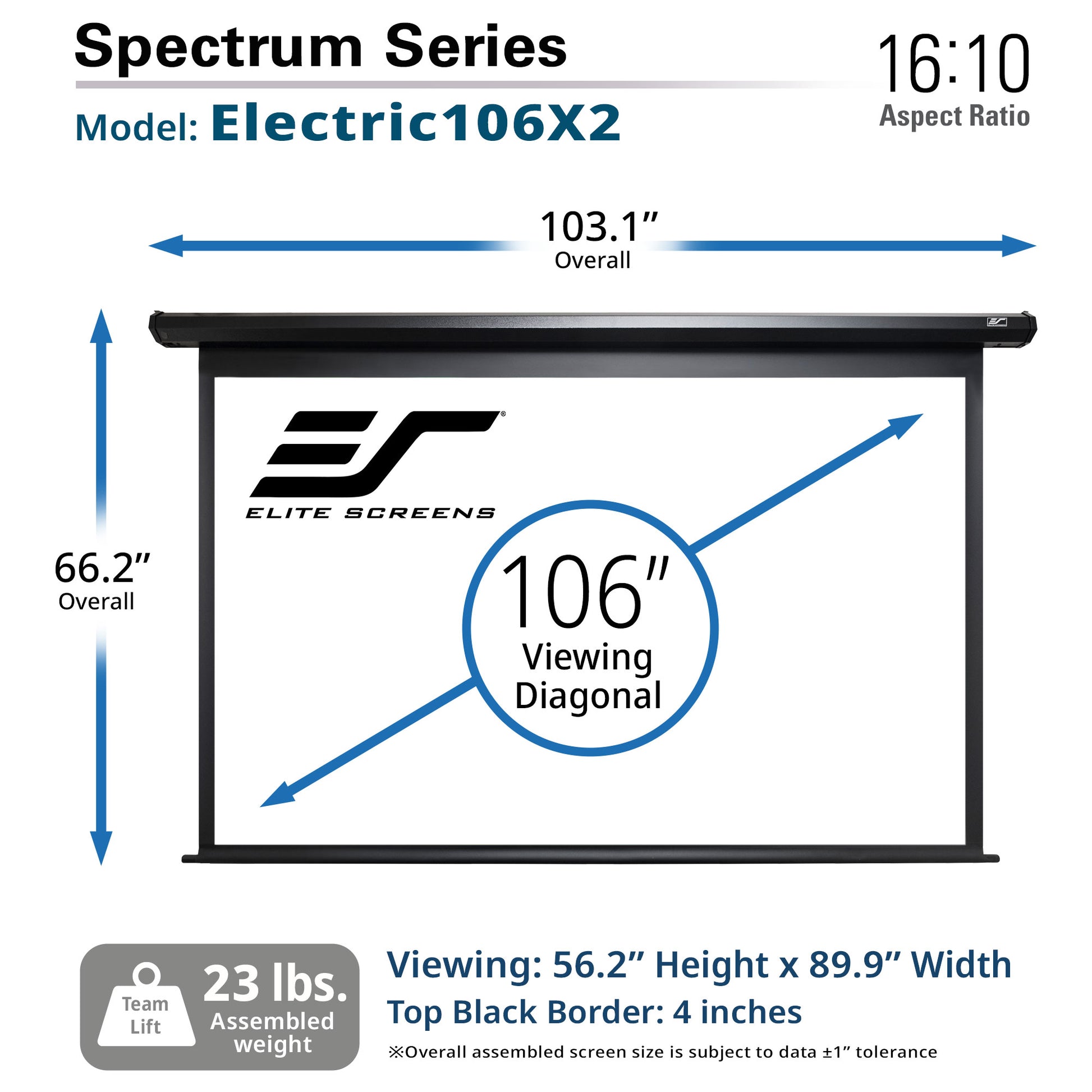 Elite Screens Spectrum Series Electric106X2 projector screen with dimensions and specifications.