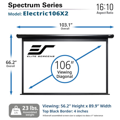 Elite Screens Spectrum Series Electric106X2 projector screen with dimensions and specifications.