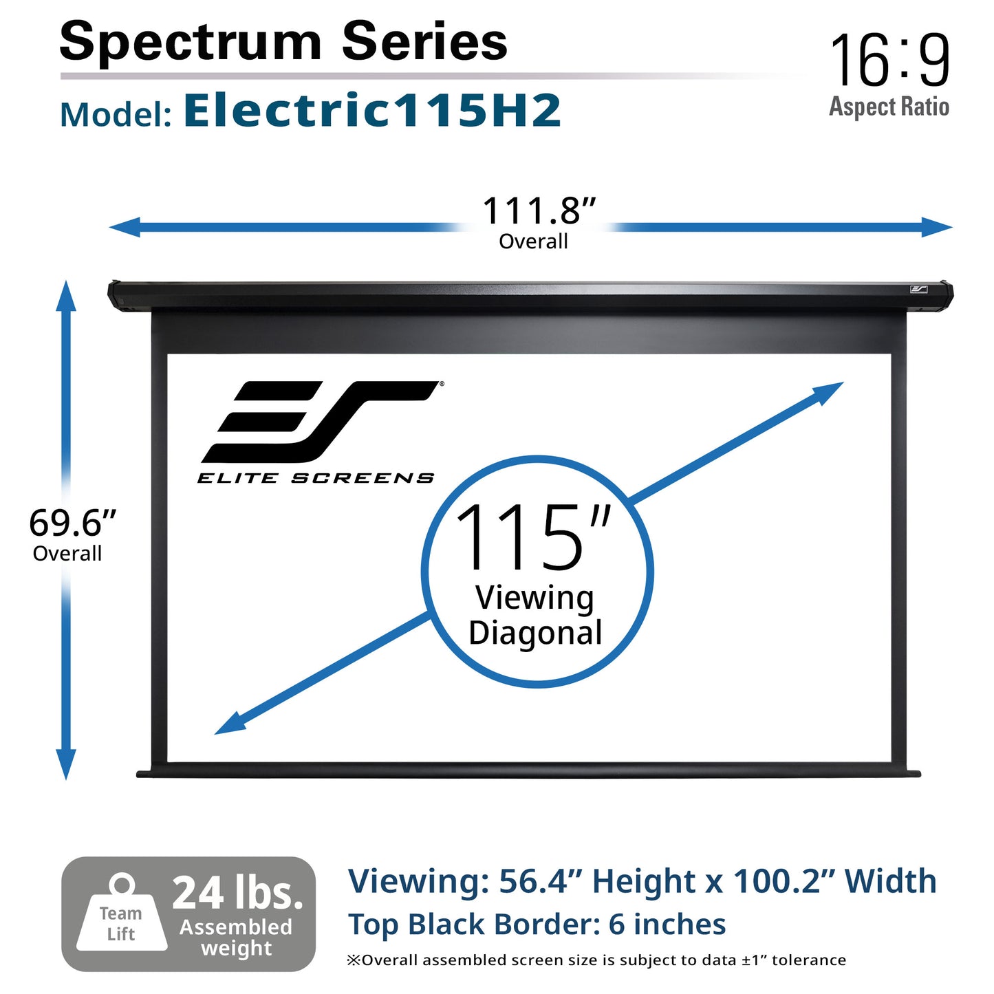 Elite Screens Spectrum Series Electric115H2 projector screen with dimensions and specifications.