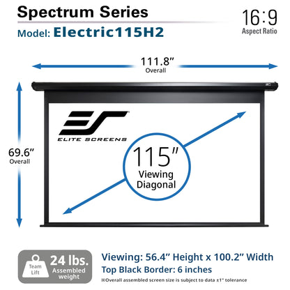 Elite Screens Spectrum Series Electric115H2 projector screen with dimensions and specifications.