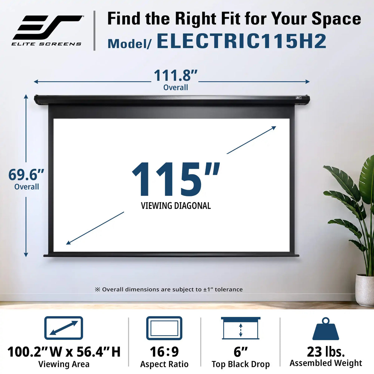 Elite Screens Electric 115x111.8" wall-mounted projector screen shown with dimension callouts and feature icons below on a light gray wall.