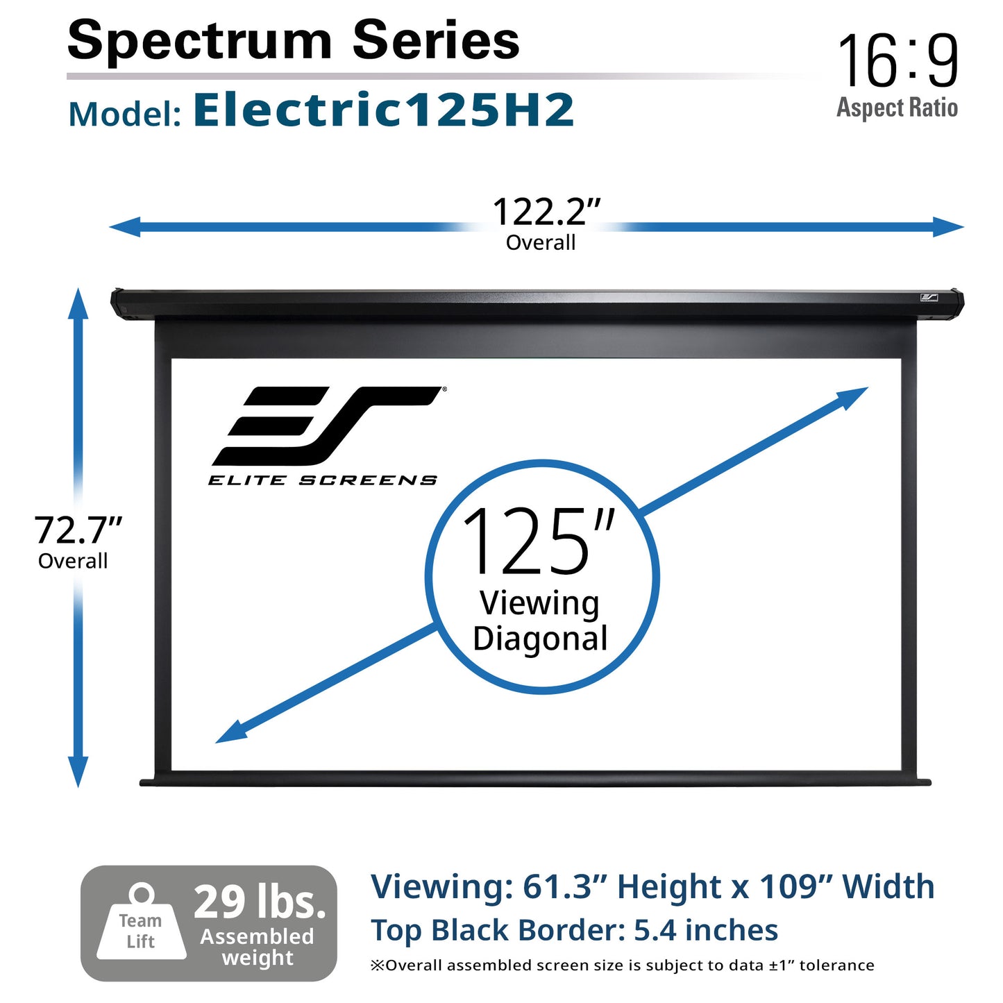 Elite Screens Spectrum Series Electric125H2 projector screen with dimensions and specifications.