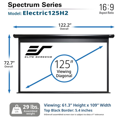 Elite Screens Spectrum Series Electric125H2 projector screen with dimensions and specifications.