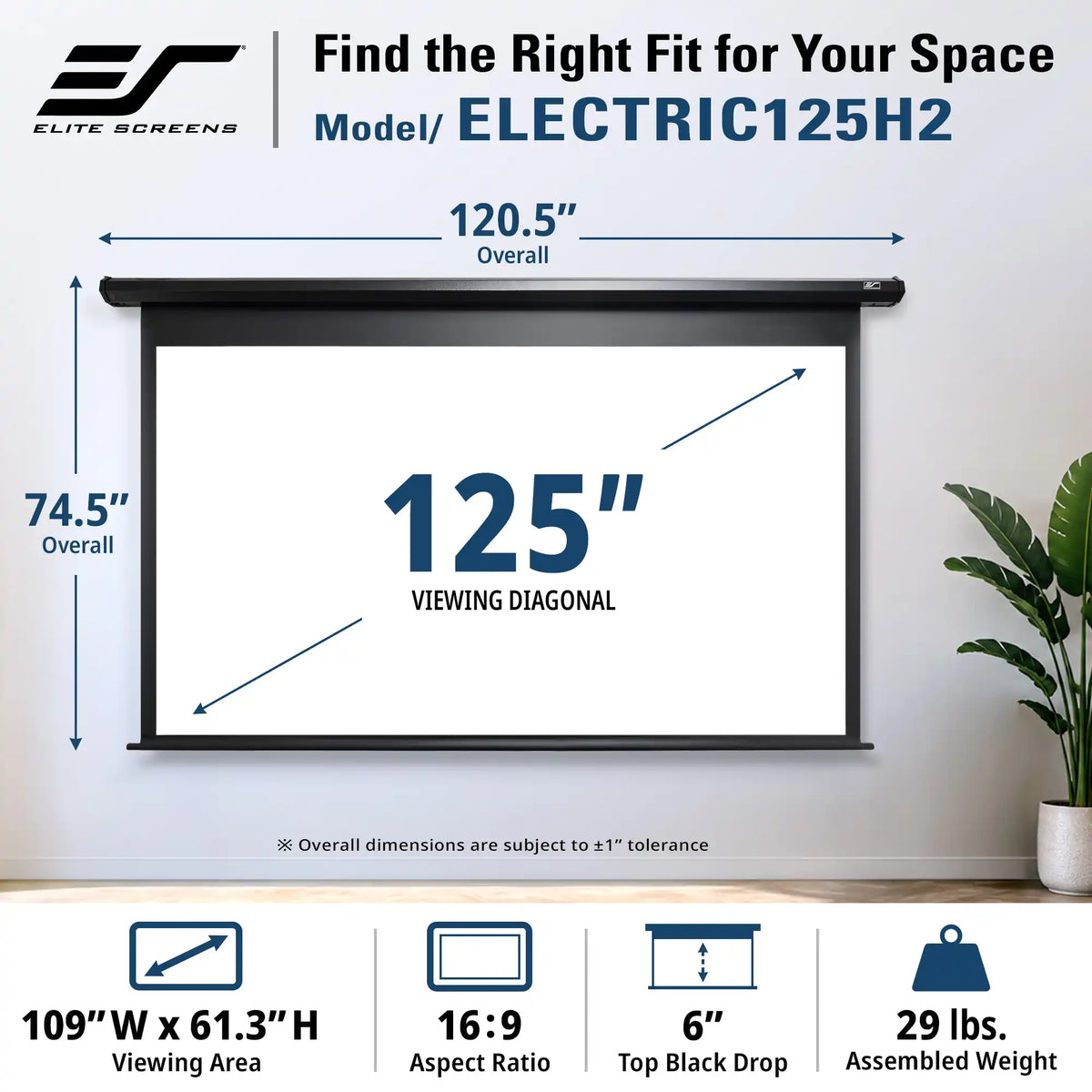 Elite Screens Electric 125H2 wall-mounted projector screen shown in a home office setting with dimension callouts indicating 120.5 inches overall width, 74.