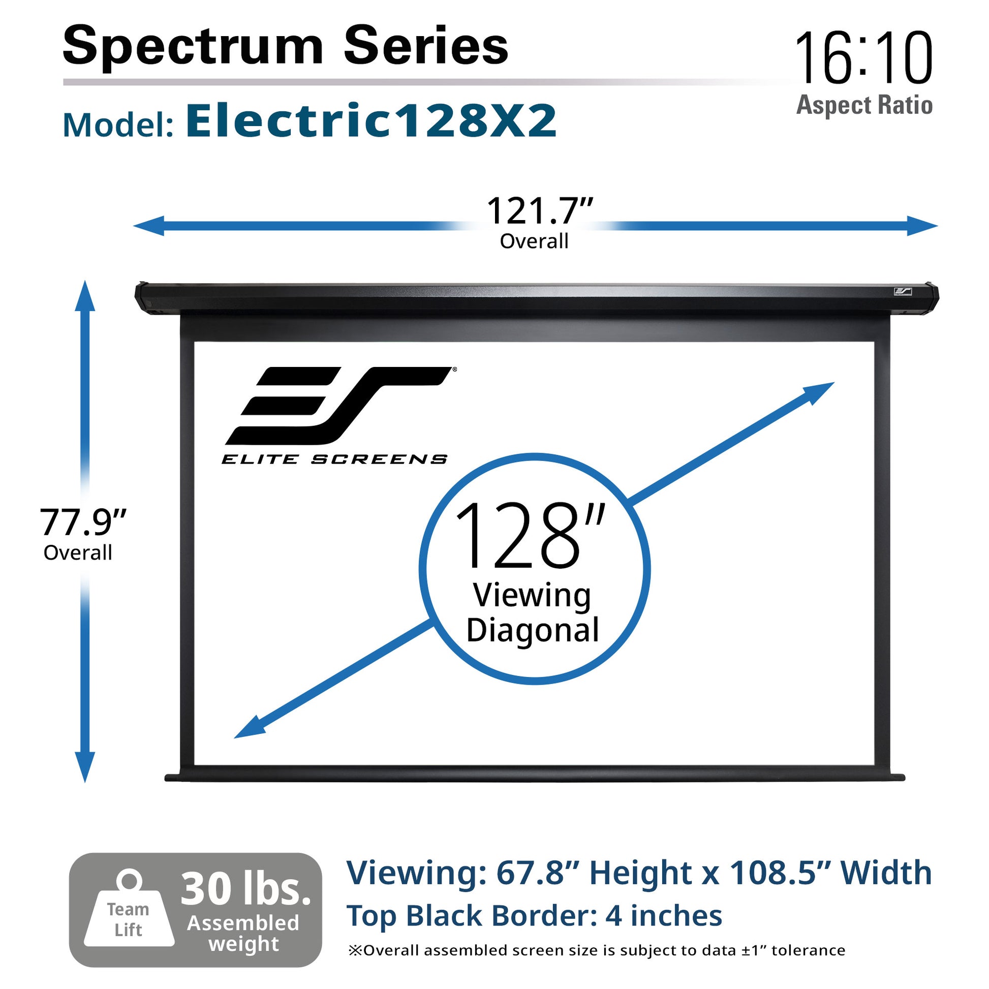 Elite Screens Spectrum Series Electric128X2 projector screen with dimensions and specifications.
