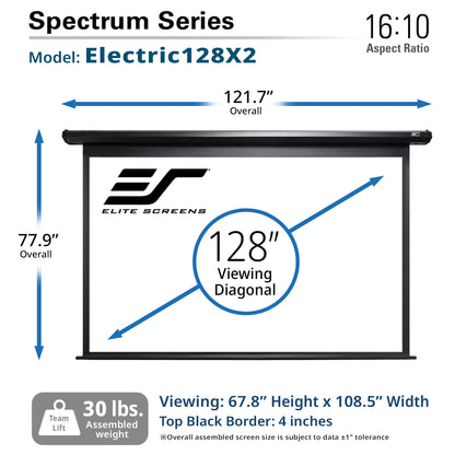 Elite Screens Spectrum Series Electric128X2 projector screen with dimensions and specifications.