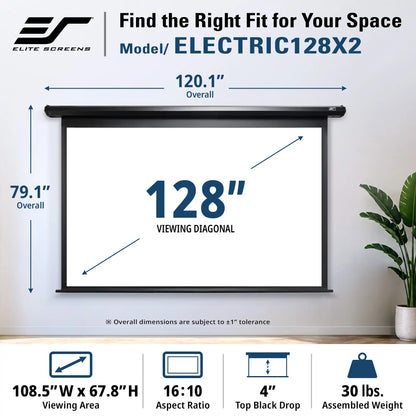 Elite Screens Electric 128x2 projection screen shown mounted on a wall with overlaid dimensions and feature icons. The screen is black with a white display area, and the image includes text showing overall size 120.