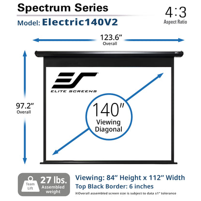 Elite Screens Spectrum Series Electric140V2 projector screen with dimensions and specifications.