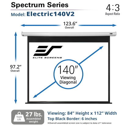 Elite Screens Spectrum Series Electric140V2 projector screen with dimensions and specifications.