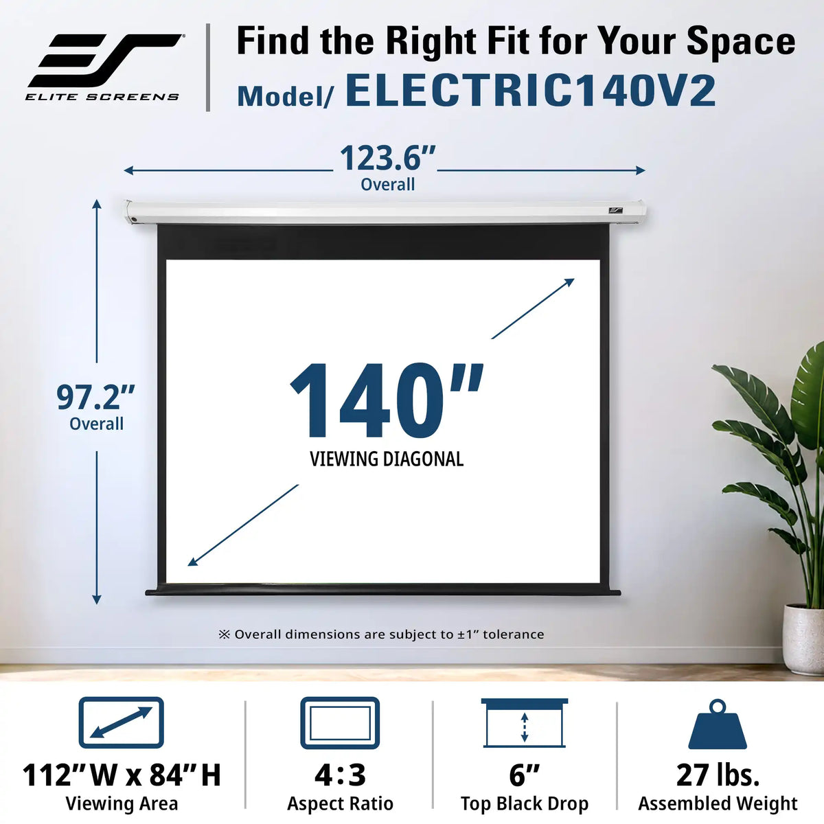 Elite Screens Electric 140V2 motorized home theater screen shown installed on a wall, with overlaid dimensions for overall height, width, and viewing diagonal, plus feature icons at the bottom.