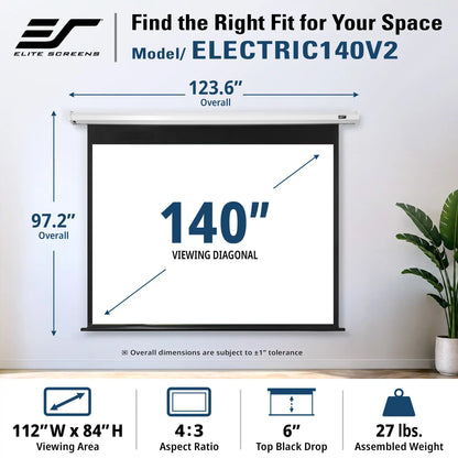 Elite Screens Electric 140V2 motorized home theater screen shown installed on a wall, with overlaid dimensions for overall height, width, and viewing diagonal, plus feature icons at the bottom.
