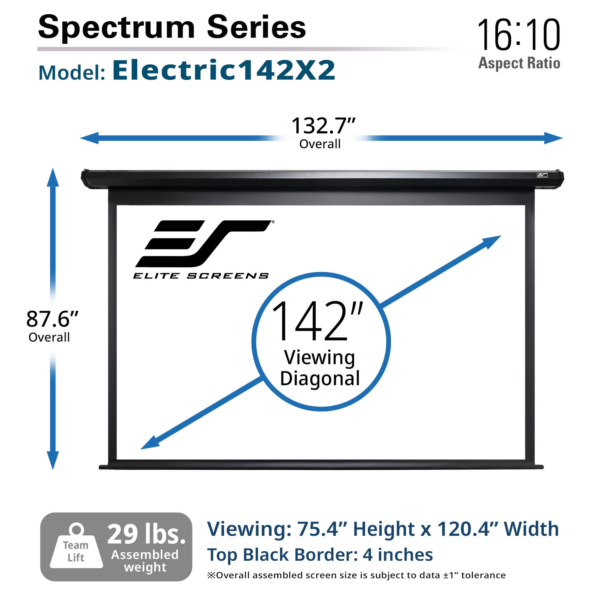 Elite Screens Spectrum Series Electric142X2 projector screen with dimensions and specifications.
